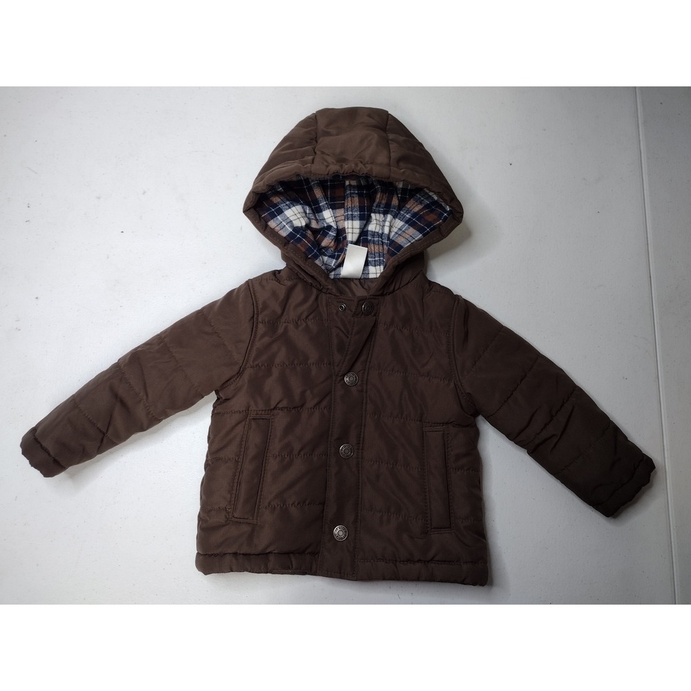 Carters Brown Quilted Puffer Jacket Hooded Plaid Lining 12 Months Baby Outerwear